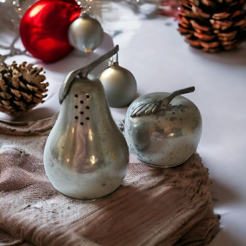 Web Pewter Salt Pepper Shakers Fruit Pear Apple Vtg 1984 Stoppers Silver Tone.